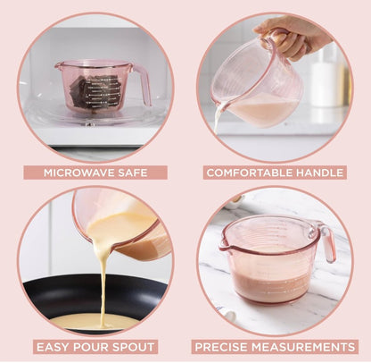 Stylish pink glass measuring cups displayed next to a mixer, enhancing your kitchen's aesthetic.