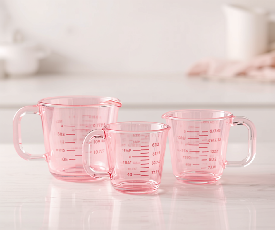 Elegant pink glass measuring cups on a wooden board, showcasing a stylish kitchen upgrade.