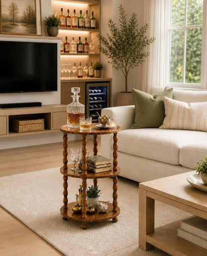 Garvee Round Accent Table 3-Tier - Sturdy Wooden Side Table Nightstand - Walnut, three-tier round accent table for living room storage