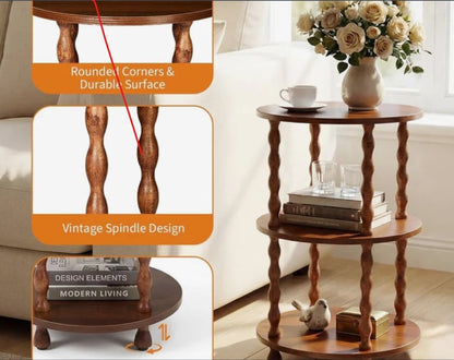 Garvee Round Accent Table 3-Tier - Sturdy Wooden Side Table Nightstand - Walnut, compact wooden round accent table with adjustable foot pads