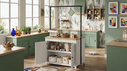 Storage options and hooks on the Heavy-Duty Kitchen Island with Storage, highlighting its practicality as a heavy-duty kitchen cart.