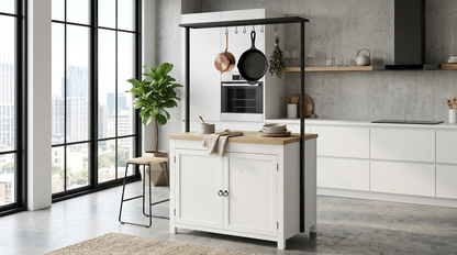 Complete kitchen styling with the Heavy-Duty Kitchen Island with Storage, showing it as an essential heavy-duty kitchen cart.