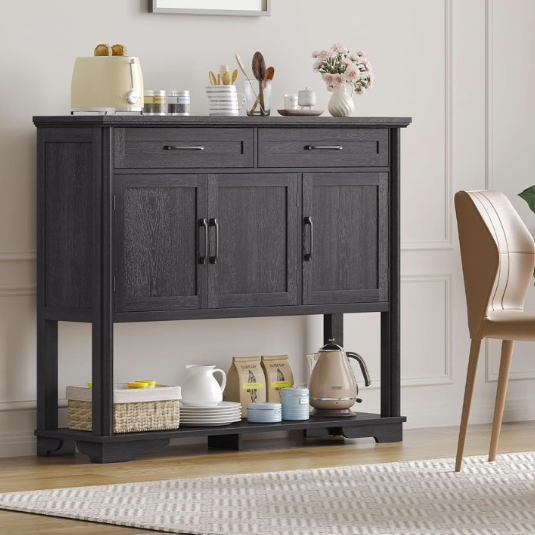 Farmhouse entry table made of engineered wood, showing classic detailing and modern design in an inviting setting.