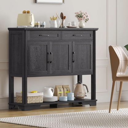 Farmhouse entry table made of engineered wood, showing classic detailing and modern design in an inviting setting.