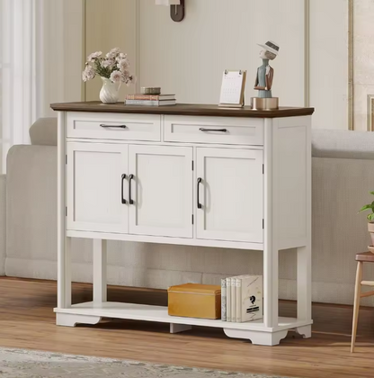 Sleek metal handles on the engineered wood console table, contributing to the modern farmhouse style and ease of use.