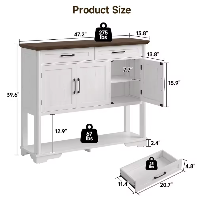 Farmhouse buffet cabinet made from engineered wood, ideal for creating an organized and aesthetic dining room or entry space.