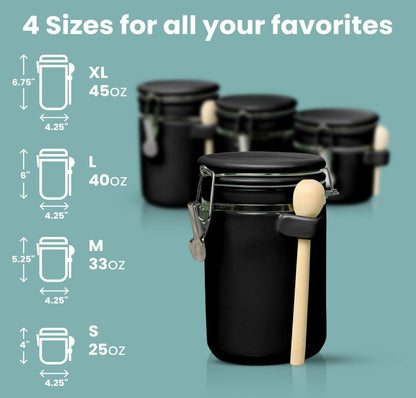 Luxury Black Ceramic Canister Set with Airtight Seal & Wooden Spoons in a contemporary kitchen setup.