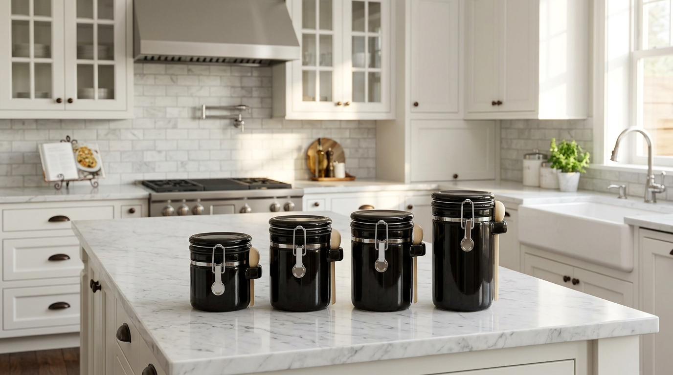Luxury Black Ceramic Canister Set with Airtight Seal & Wooden Spoons creating a clutter-free kitchen ambiance.