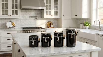 The striking design of the Luxury Black Ceramic Canister Set with Airtight Seal & Wooden Spoons.