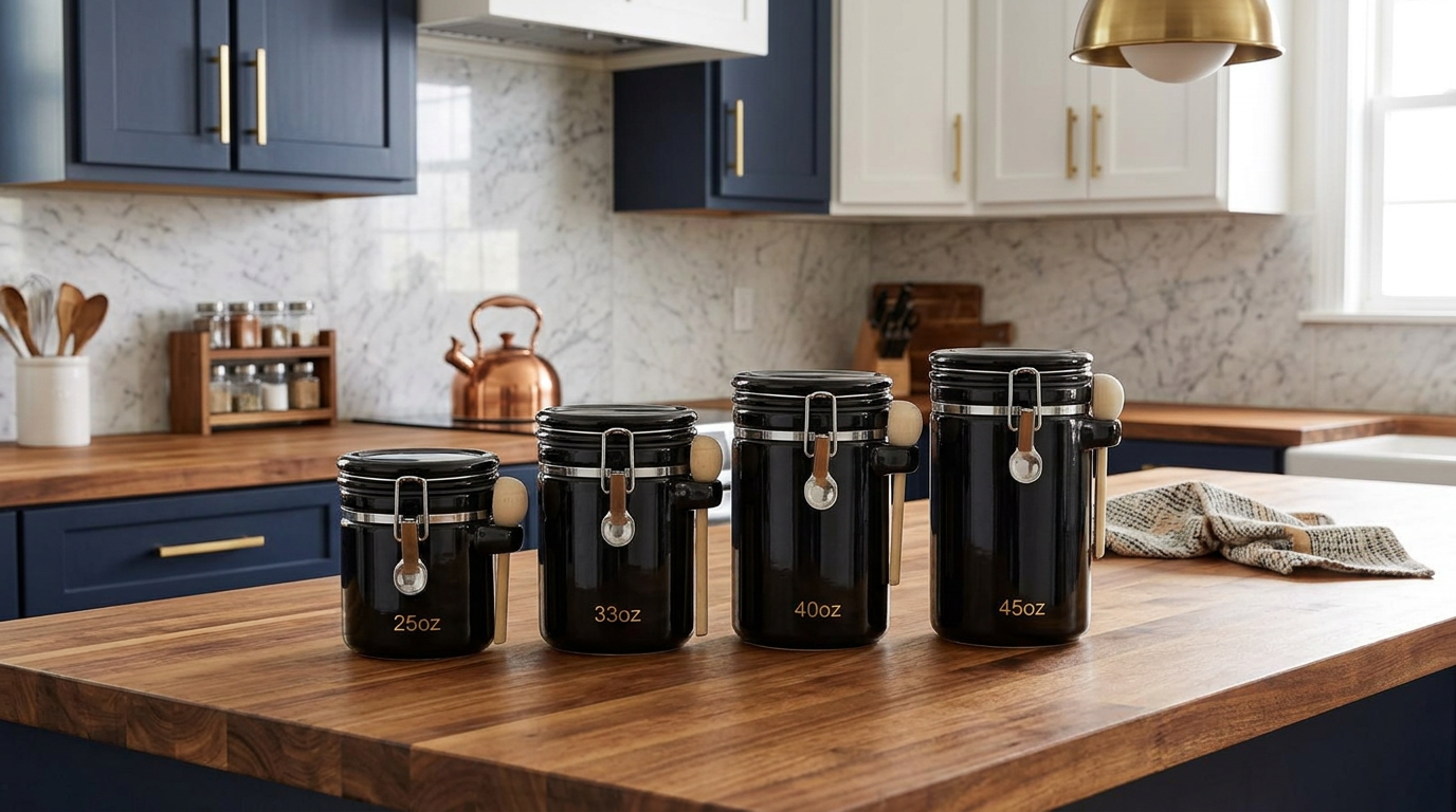 How to organize your kitchen using the Luxury Black Ceramic Canister Set with Airtight Seal & Wooden Spoons.
