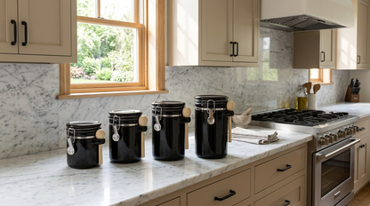 Versatile uses of the Luxury Black Ceramic Canister Set with Airtight Seal & Wooden Spoons on a kitchen shelf.