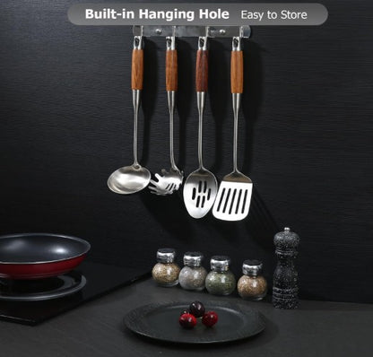 4-Piece 304 Stainless Steel Kitchen Utensil Set with Natural Wood Handles, complete stainless steel utensil set for home cooks