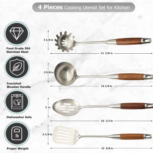 4-Piece 304 Stainless Steel Kitchen Utensil Set with Natural Wood Handles, professional-style tools for home kitchens