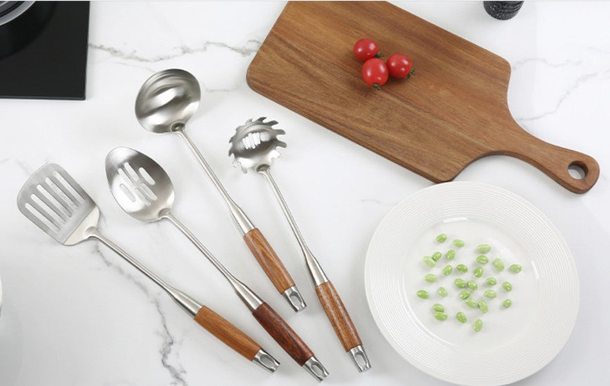4-Piece 304 Stainless Steel Kitchen Utensil Set with Natural Wood Handles featuring polished cooking tools and warm wood grips
