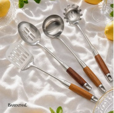 4-Piece 304 Stainless Steel Kitchen Utensil Set with Natural Wood Handles, organized kitchen tools ready for meal preparation