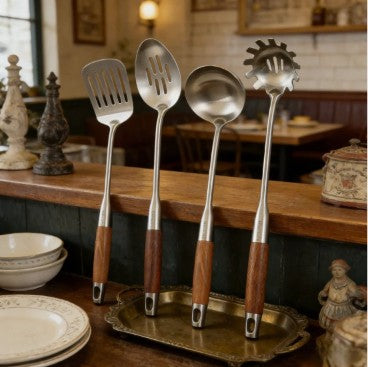 4-Piece 304 Stainless Steel Kitchen Utensil Set with Natural Wood Handles for stirring, serving, draining, and plating