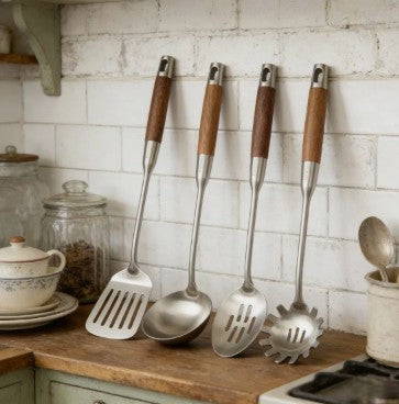 4-Piece 304 Stainless Steel Kitchen Utensil Set with Natural Wood Handles, durable stainless steel utensil set for stovetop cooking