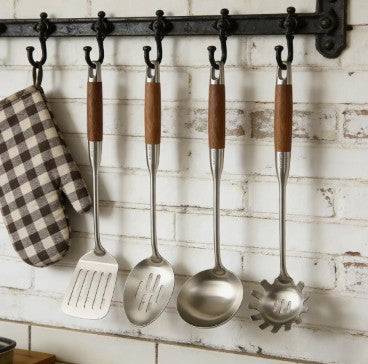 4-Piece 304 Stainless Steel Kitchen Utensil Set with Natural Wood Handles, complete stainless steel utensil set displayed together