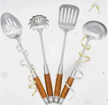 4-Piece 304 Stainless Steel Kitchen Utensil Set with Natural Wood Handles, comfortable heat-resistant wood handle design