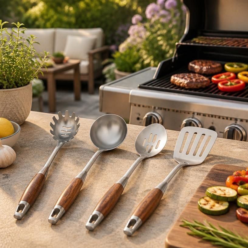 4-Piece 304 Stainless Steel Kitchen Utensil Set with Natural Wood Handles displayed in a kitchen utensil crock