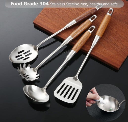 4-Piece 304 Stainless Steel Kitchen Utensil Set with Natural Wood Handles, stainless steel utensil set beside cookware