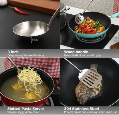 4-Piece 304 Stainless Steel Kitchen Utensil Set with Natural Wood Handles, close-up of polished 304 stainless steel construction