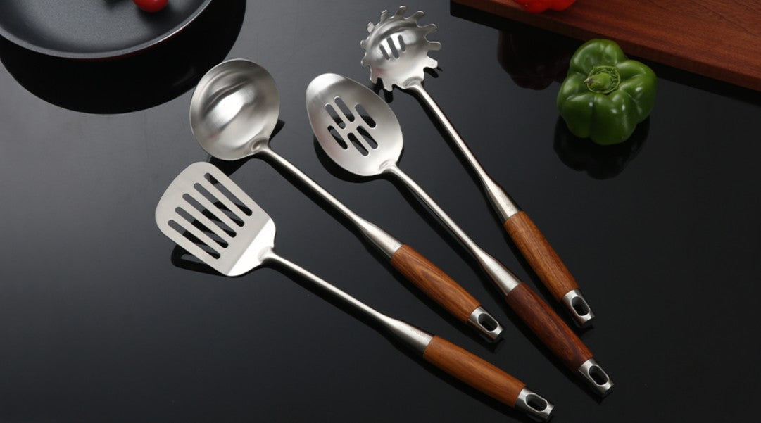 4-Piece 304 Stainless Steel Kitchen Utensil Set with Natural Wood Handles, natural wood grips provide a secure cooking hold