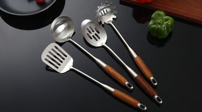 4-Piece 304 Stainless Steel Kitchen Utensil Set with Natural Wood Handles, natural wood grips provide a secure cooking hold