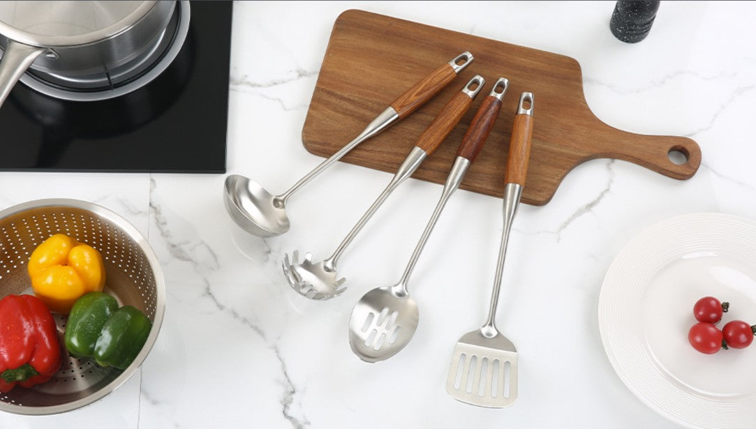 4-Piece 304 Stainless Steel Kitchen Utensil Set with Natural Wood Handles, coordinated stainless steel utensil set for organized storage