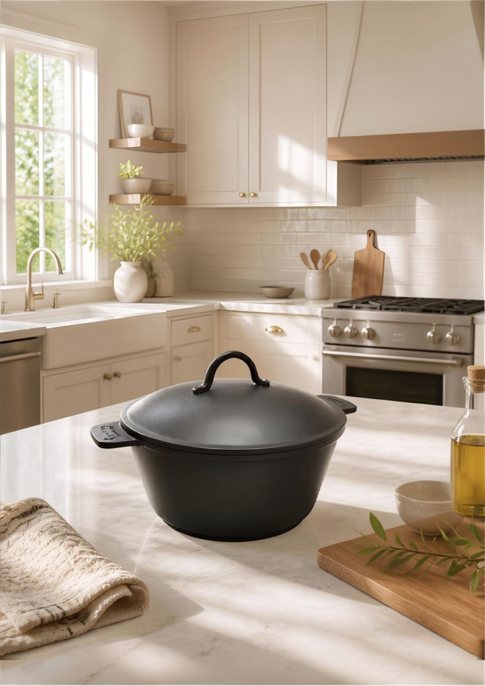 5.2 QT Pre-Seasoned Cast Iron Dutch Oven on a wooden table, illustrating its farmhouse aesthetic.