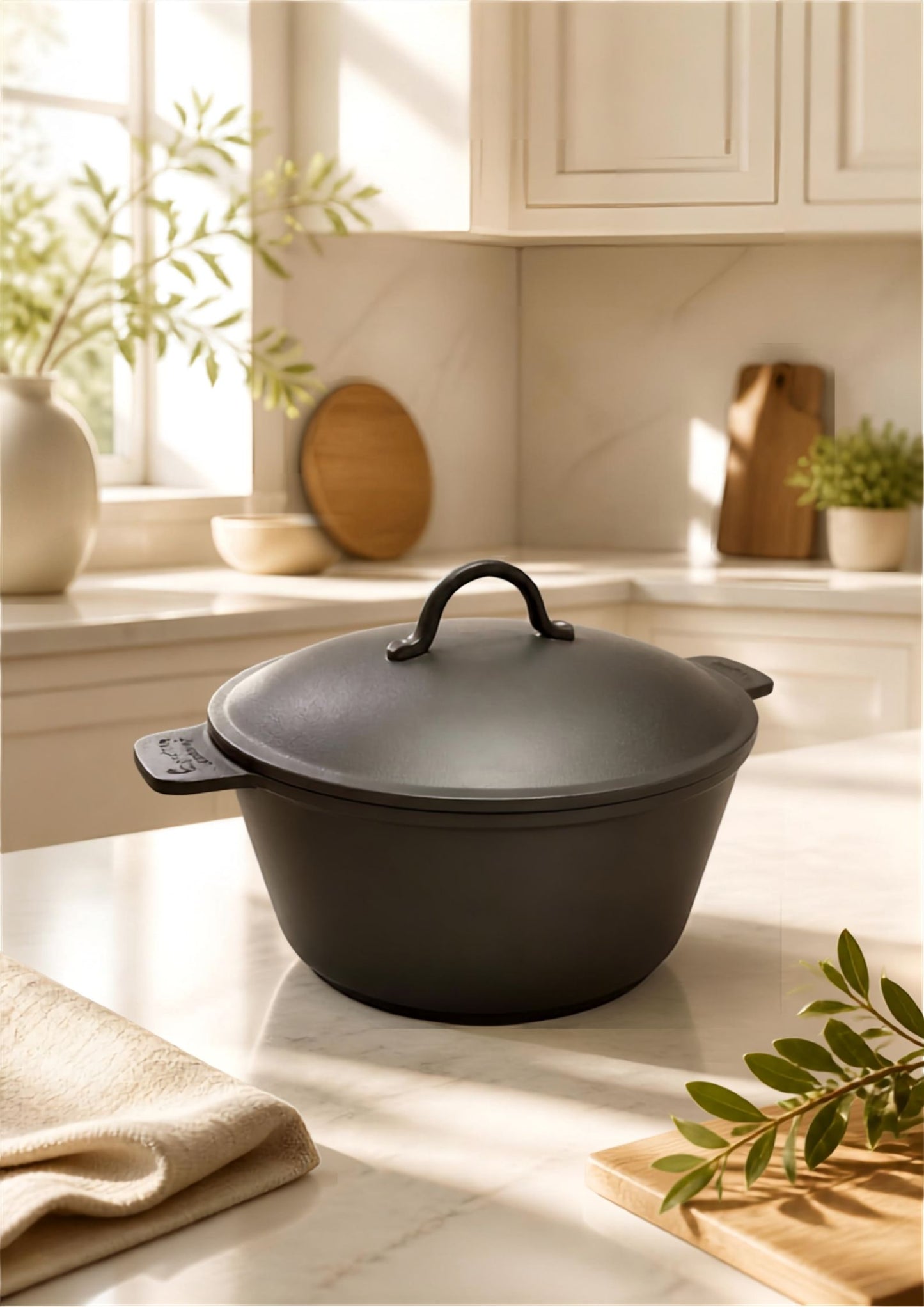 5.2 QT Pre-Seasoned Cast Iron Dutch Oven showing off its beautiful design alongside rustic utensils.