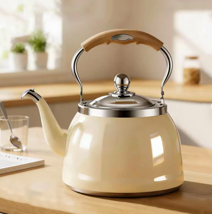 Stainless steel tea kettle displayed among loose-leaf tea sets, perfect for a calming home tea experience.