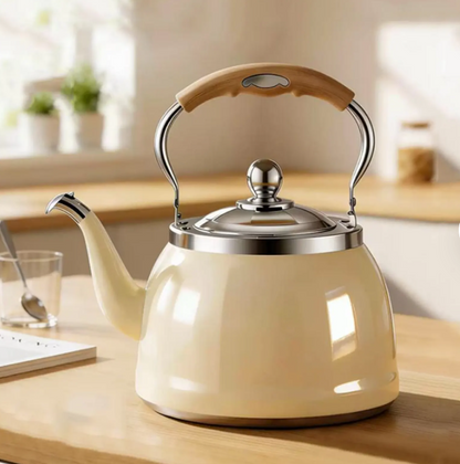 Stainless steel tea kettle displayed among loose-leaf tea sets, perfect for a calming home tea experience.