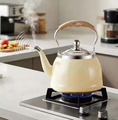 Stainless steel tea kettle serving as a centerpiece on stovetop, enhancing kitchen aesthetics.