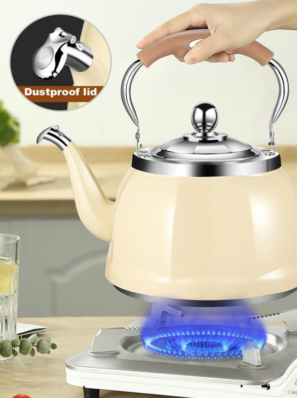 A cozy setup featuring the stainless steel tea kettle paired with rustic kitchen accessories.