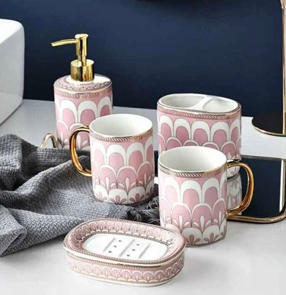 Full view of the Luxury Ceramic Hand Soap Dispenser set with additional bathroom accessories including a toothbrush holder and soap dish.