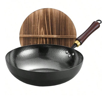 The authentic Asian-inspired design of the HomelyOasis Carbon Steel Wok set against a vibrant cooking backdrop.
