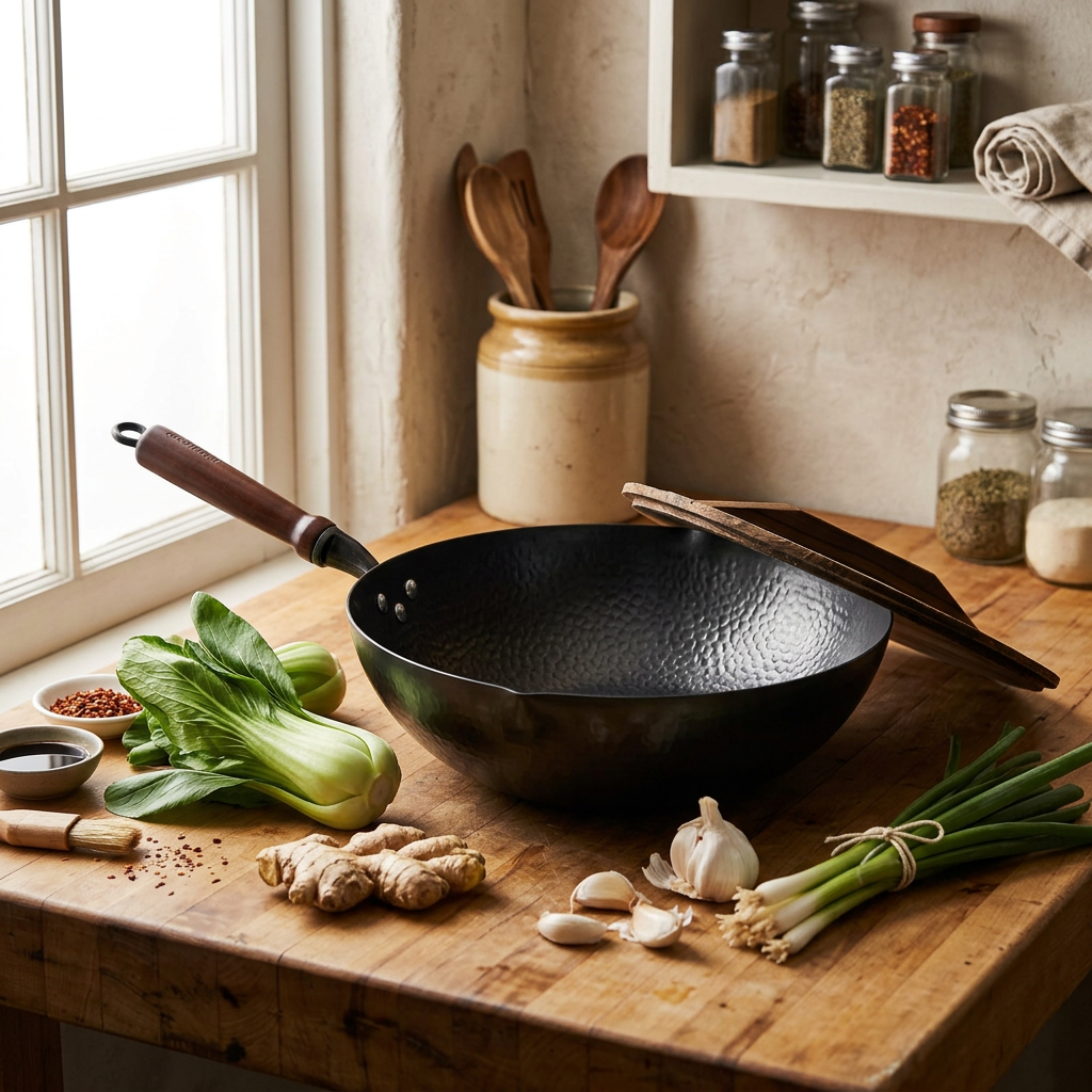 A closer look at the carbon steel wok's wooden lid and utensils, part of the HomelyOasis 13-Inch cooking set.