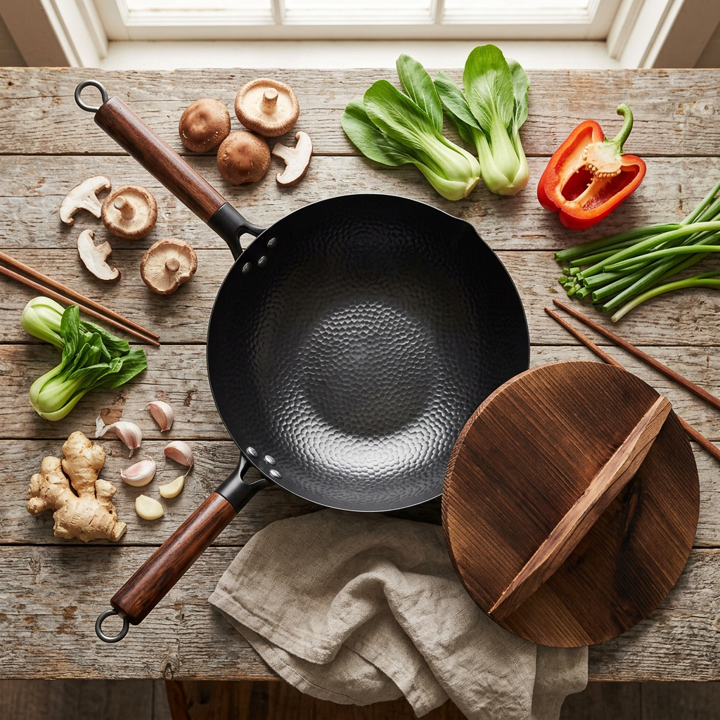 The HomelyOasis 13-Inch Carbon Steel Wok with a black steel finish, ready for a culinary experience.