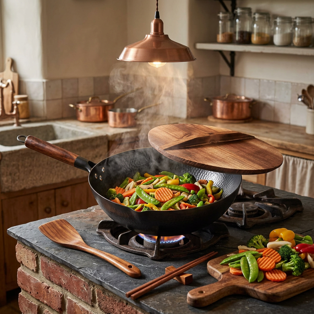 Setting up the HomelyOasis Carbon Steel Wok on a hanging rack, creating a chef-inspired kitchen aesthetic.