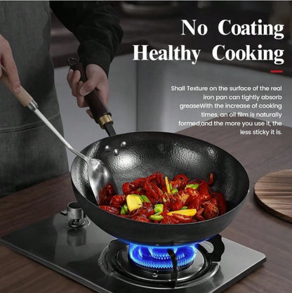 Demonstrating the easy cooking feature of the HomelyOasis Carbon Steel Wok with deep curved walls.