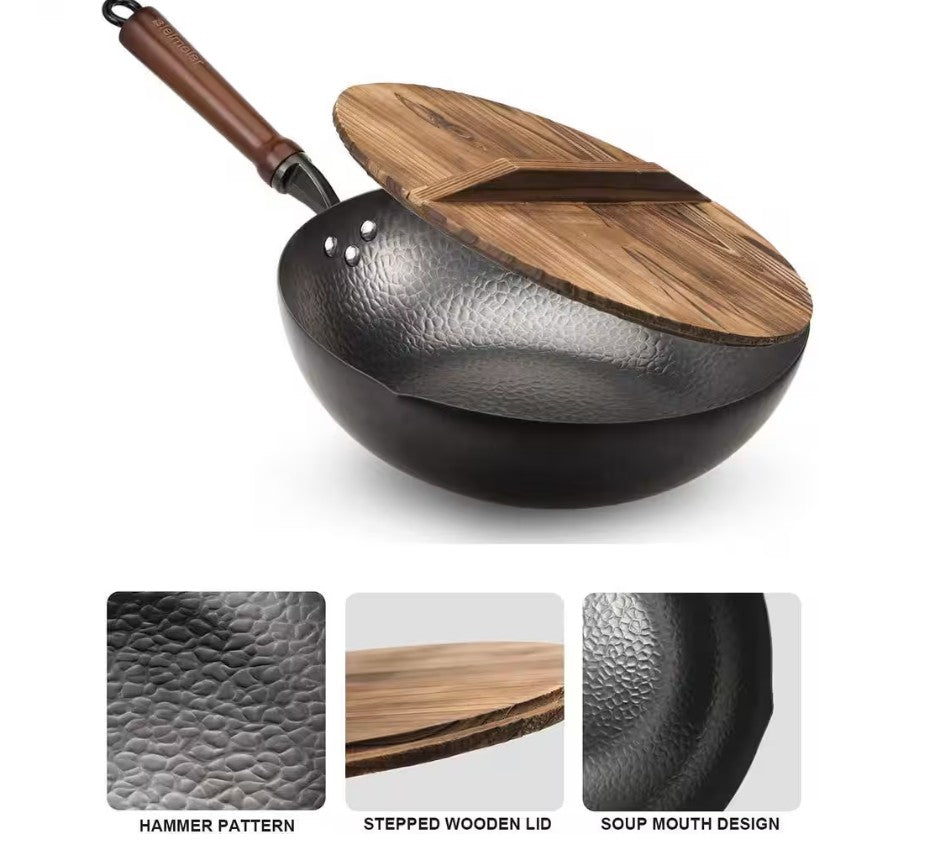 An organized cooking space with the HomelyOasis Carbon Steel Wok and its wooden utensils set.