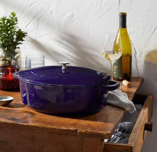 STAUB 6.25-Quart Wide Oval Dutch Oven, Dark Blue Enameled Cast Iron with Self-Basting Lid, close-up of the self-basting lid on a wide oval dutch oven