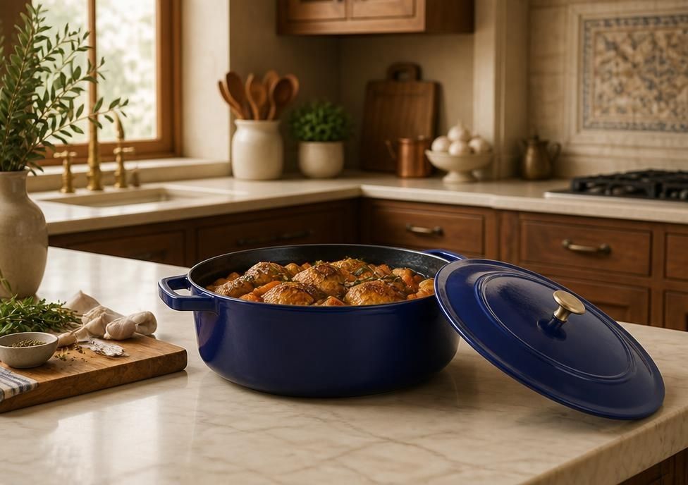 STAUB 6.25-Quart Wide Oval Dutch Oven, Dark Blue Enameled Cast Iron with Self-Basting Lid, front view of a wide oval dutch oven