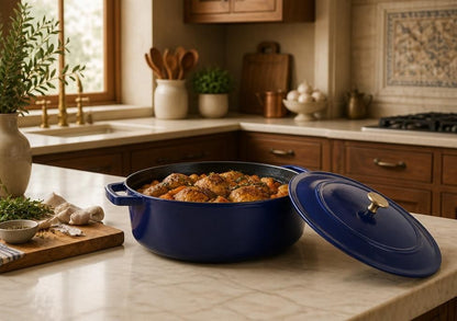 STAUB 6.25-Quart Wide Oval Dutch Oven, Dark Blue Enameled Cast Iron with Self-Basting Lid, front view of a wide oval dutch oven