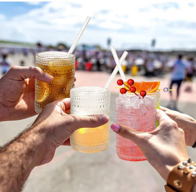 Vintage Hobnail Glass Drinking Glasses featured outdoors, perfect for summer sipping with vintage hobnail glassware.
