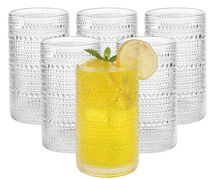 Vintage Hobnail Glass Drinking Glasses Set of 6 positioned elegantly for a wedding-themed decor, showcasing vintage hobnail glassware.