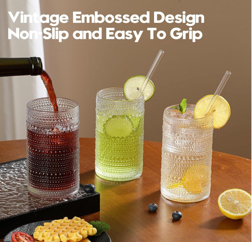 Coordinated set of Vintage Hobnail Glass Drinking Glasses with cleaning brushes, emphasizing the charm of vintage hobnail glassware.