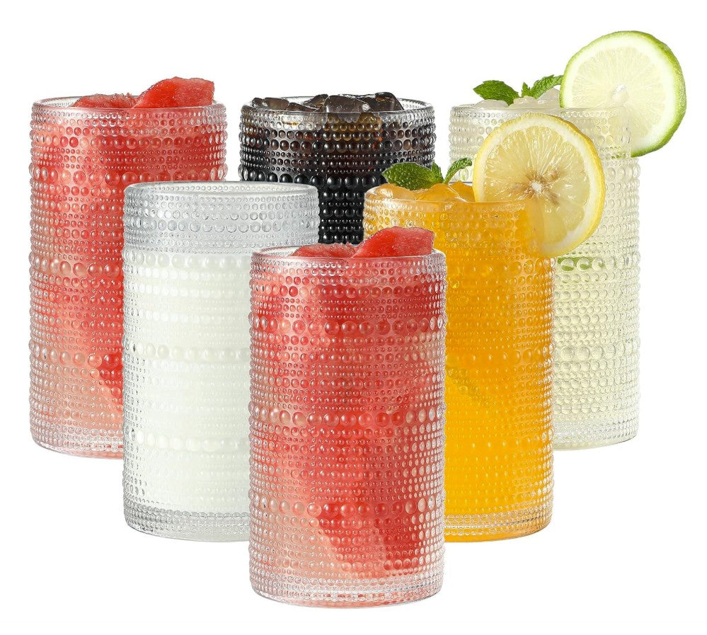 Vintage Hobnail Glass Drinking Glasses Set of 6 with decorative slices of citrus, perfect for cocktails in vintage hobnail glassware.