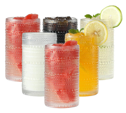 Vintage Hobnail Glass Drinking Glasses Set of 6 with decorative slices of citrus, perfect for cocktails in vintage hobnail glassware.